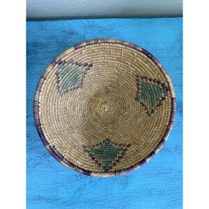 Handwoven Straw Basket With Green & Purple Diamond Motif - 10" Wide 4" Tall